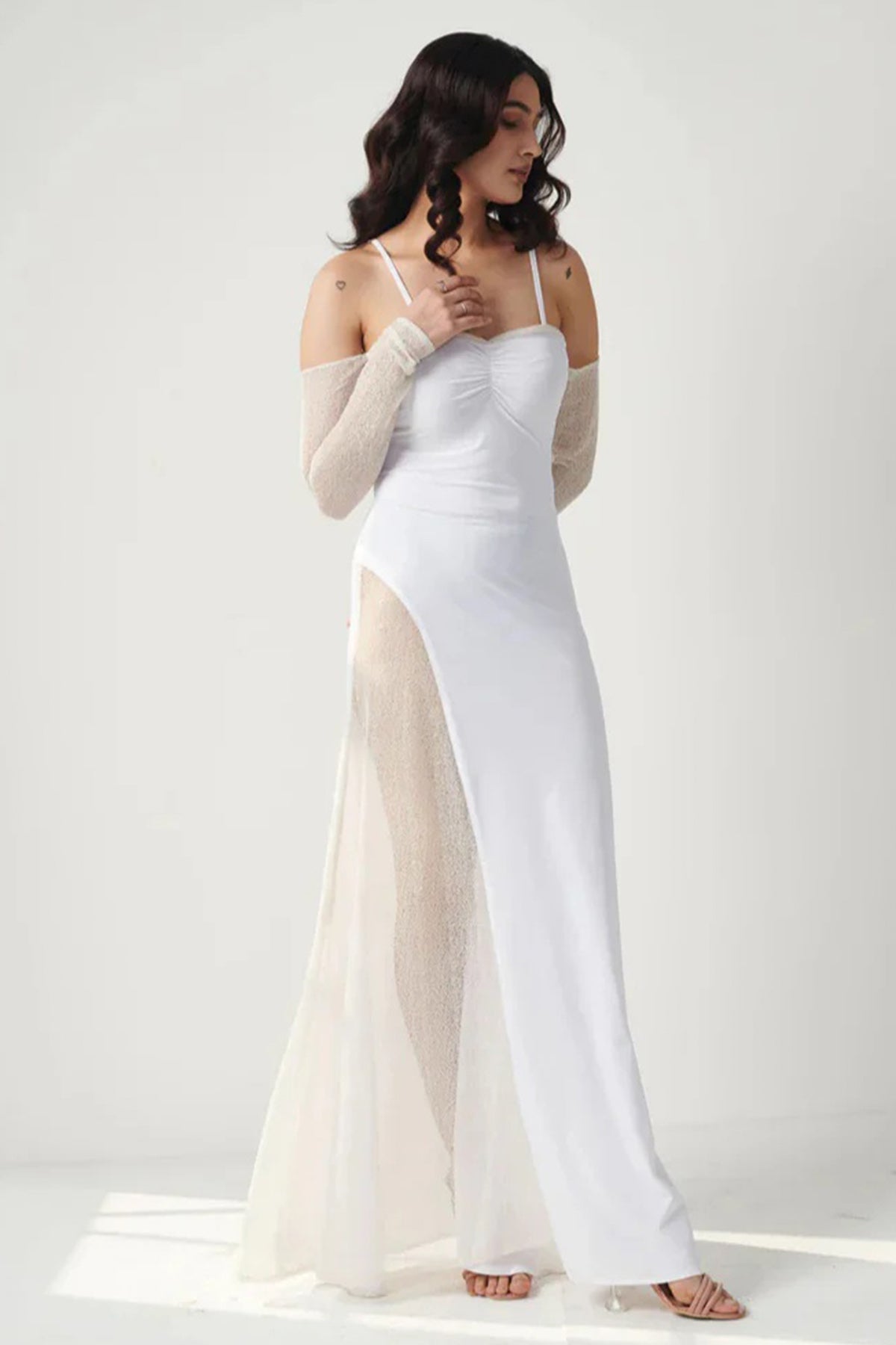 Buy White Cream Lycra Evening Dress for women online available at ScrollnShops